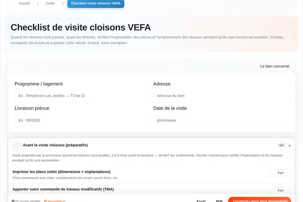 La checklist visite cloisons VefaConnect : inspection guidée point par point (implantation, dimensions, réseaux), cases à cocher et export Excel/PDF.