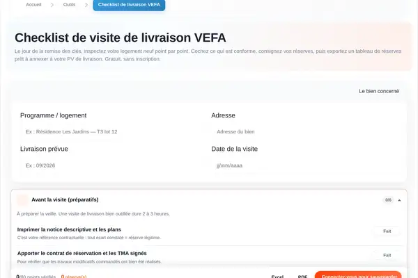 La checklist de livraison VEFA VefaConnect : identification du logement, inspection par thématique avec compteur de réserves, et export du tableau de réserves.