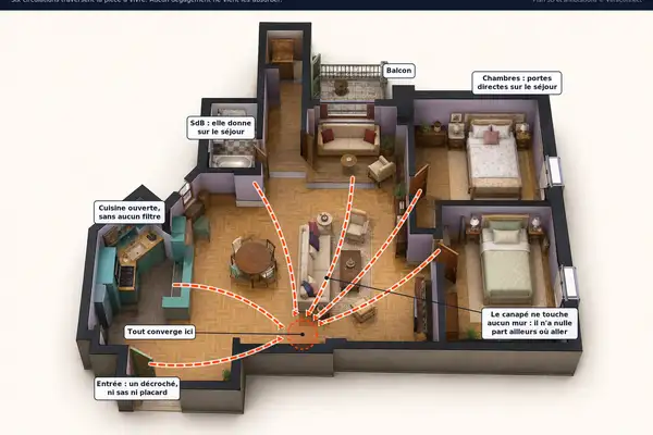 Plan 3D annoté de l'appartement de Monica : six flèches de circulation convergent vers le séjour, où le canapé flotte sans toucher aucun mur.