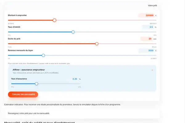 Le simulateur de prêt VefaConnect : montant, taux, durée et revenus en curseurs, avec mensualité, coût total et taux d'endettement.