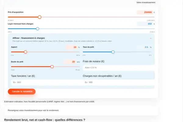 Le calculateur de rentabilité locative VefaConnect : prix d'acquisition, loyer, apport, taux et durée du prêt, frais de notaire, pour rendement brut, net et cash-flow.