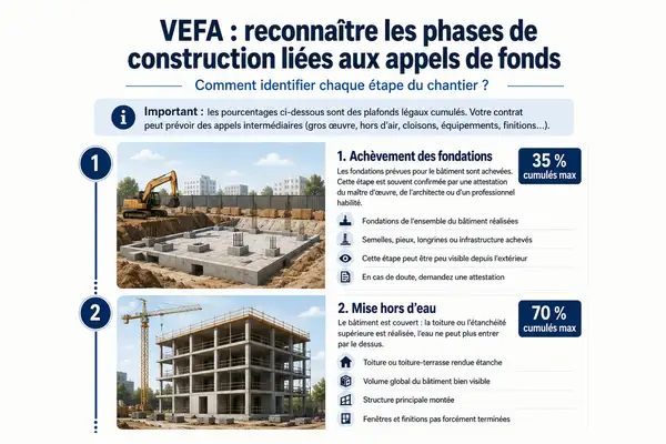 Infographie VEFA : achèvement des fondations, plafond de 35 % cumulés, et mise hors d'eau, plafond de 70 % cumulés, avec les repères visuels de chaque étape.