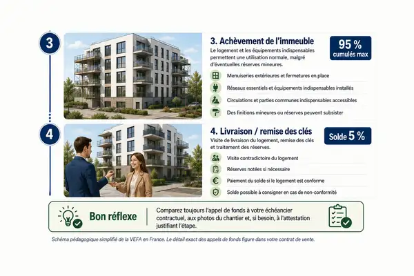 Infographie VEFA : achèvement de l'immeuble, plafond de 95 % cumulés, et livraison avec remise des clés et solde de 5 %.