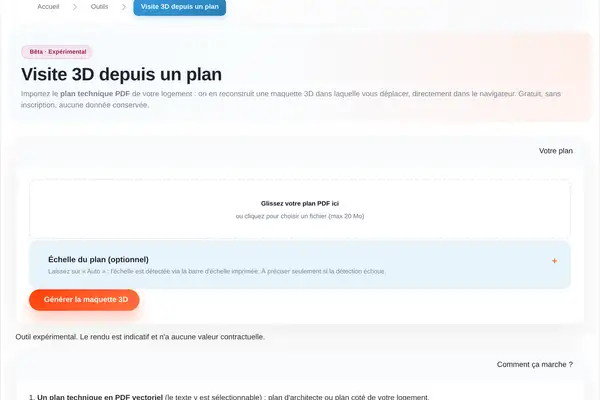 L'outil expérimental Visite 3D depuis un plan VefaConnect, marqué « Bêta · Expérimental » : zone d'import d'un plan PDF et génération d'une maquette 3D navigable.