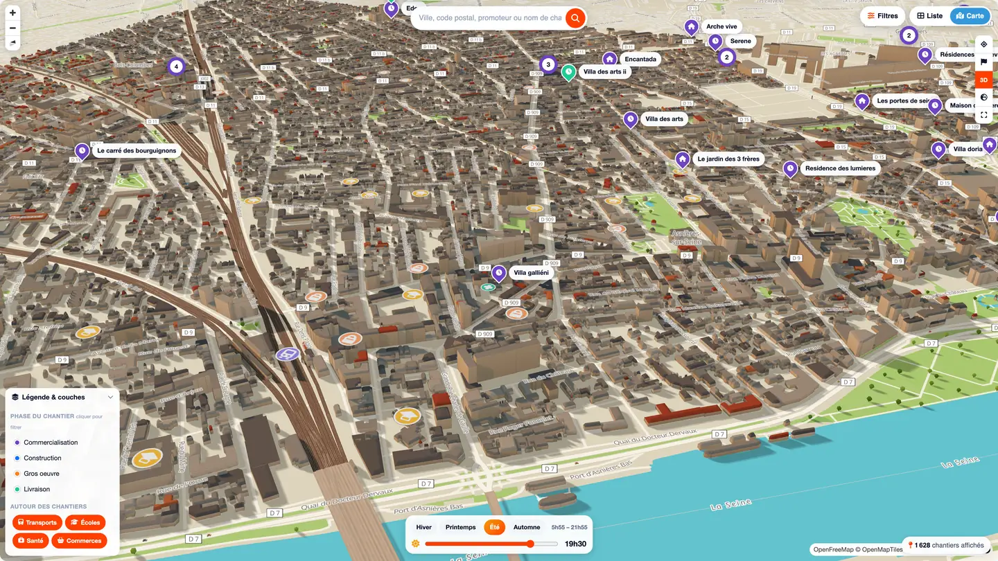 Carte VefaConnect : le quartier du programme Villa Galliéni à Asnières-sur-Seine en volumes 3D, éclairé comme à 19 h 30, avec les pastilles des commerces, écoles et transports.